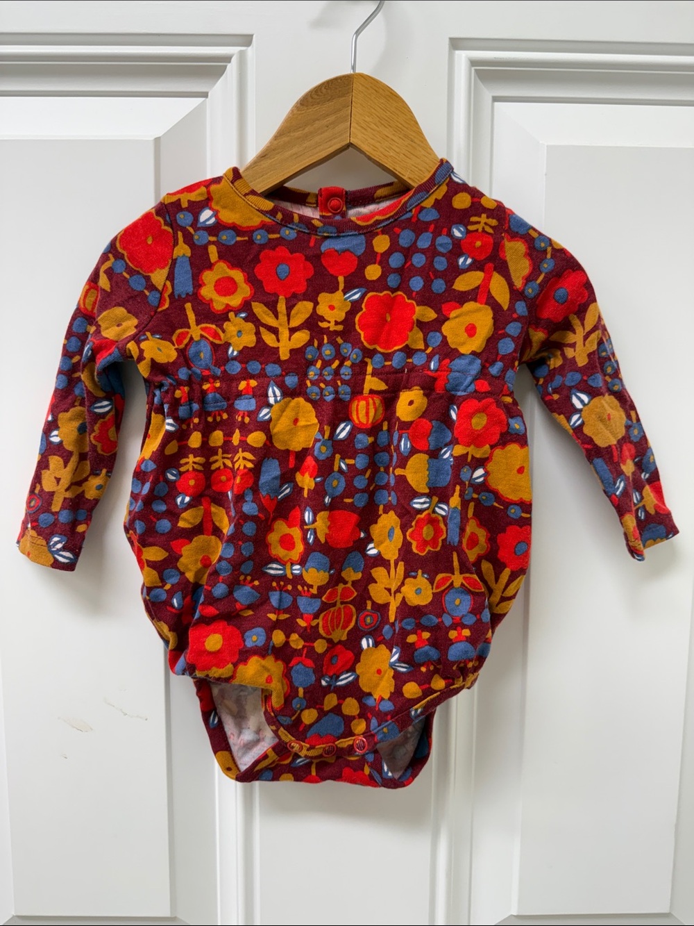 Misha And Puff Floral Long-Sleeve One-Piece Bodysuit in Red, Mustard, and Blue